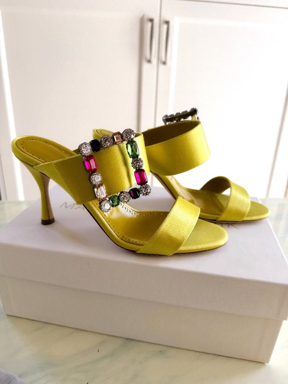 Manolo Blahnik Verda Satin Slide Sandals – Yellow Crystal Buckle – EU 38